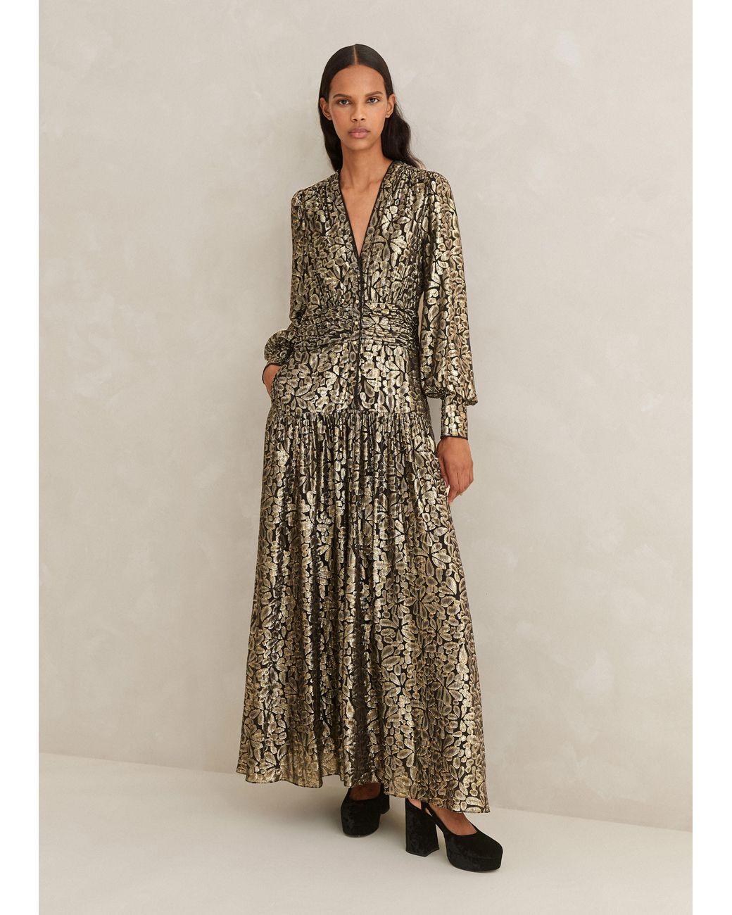 n*e様 Mame kurogouchi Silk Lame Printed D Mame Kurogouchi – Silk Lame Printed Sleeves I-Line Dress