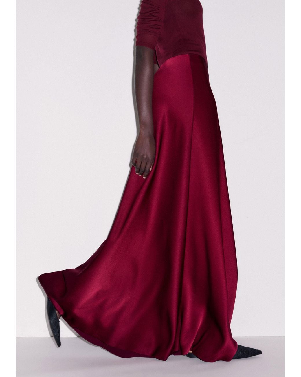 ME+EM Red Satin Bias Cut Full Length Skirt