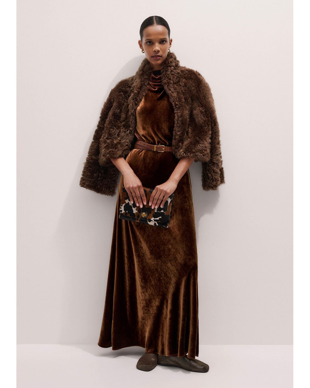 ME+EM Natural Silk Blend Velvet Draped Full Length Dress