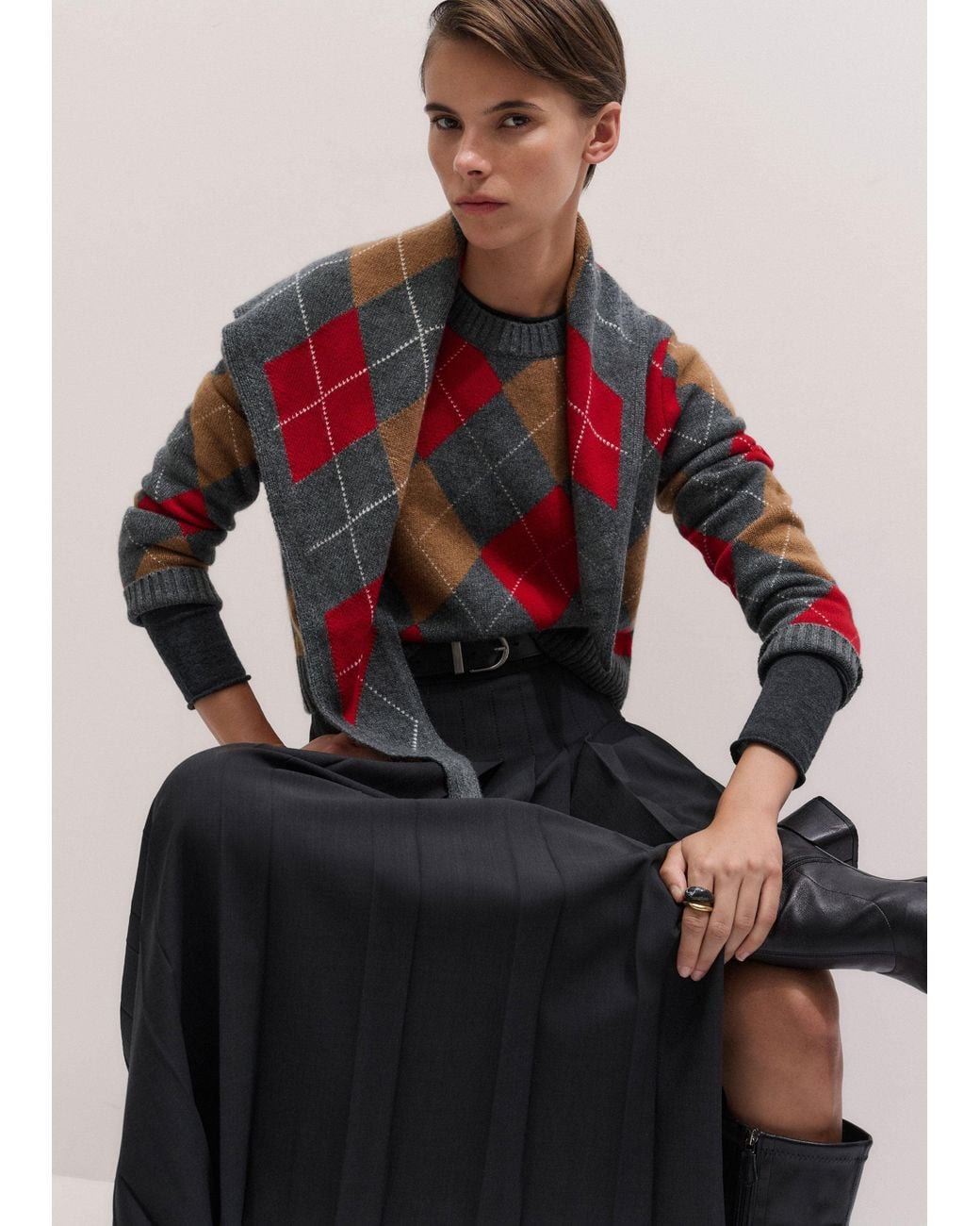 ME+EM Red Cashmere Argyle Knit Jumper
