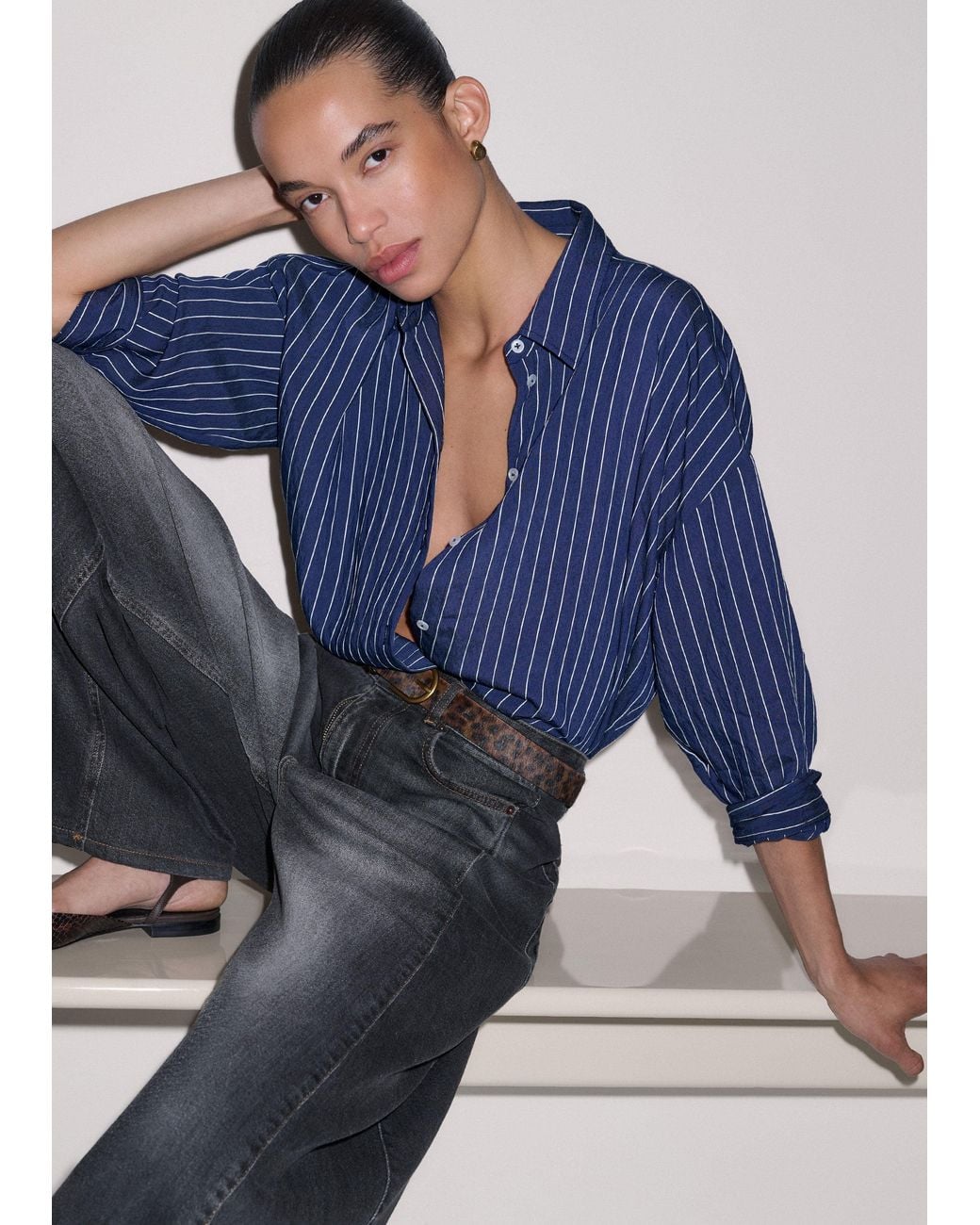 ME+EM Blue Boxy Three Quarter Sleeve Striped Shirt