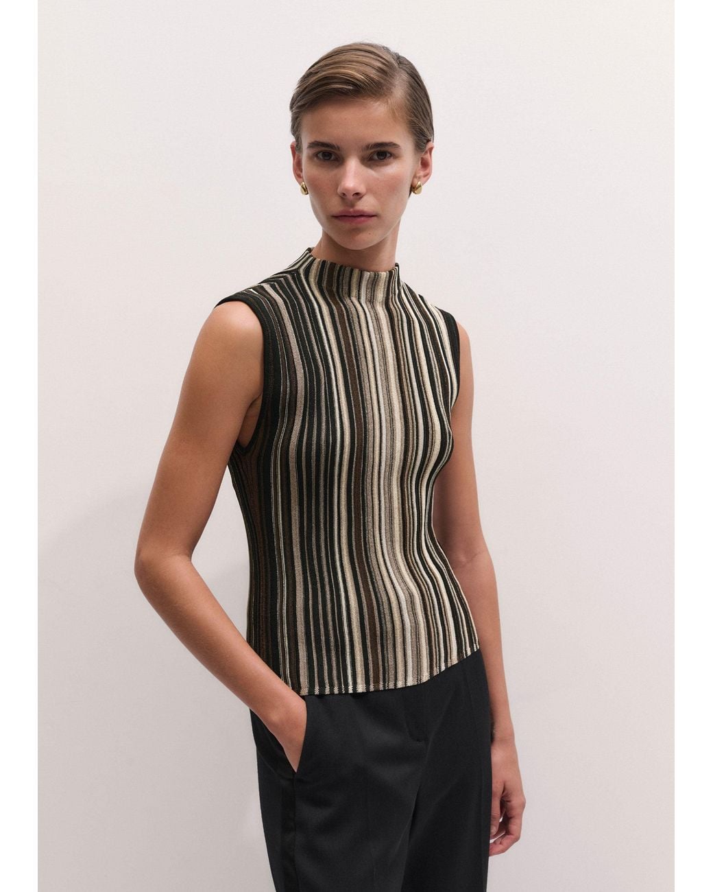 ME+EM Black Fine Metallic Stripe Slim Knit Top