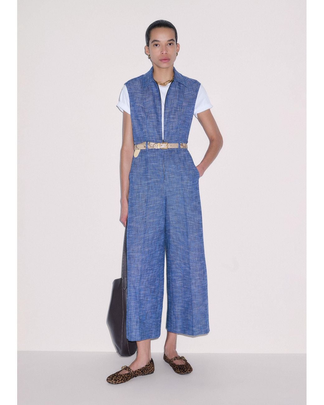 ME+EM Blue Texture Wide Leg Cropped Jumpsuit