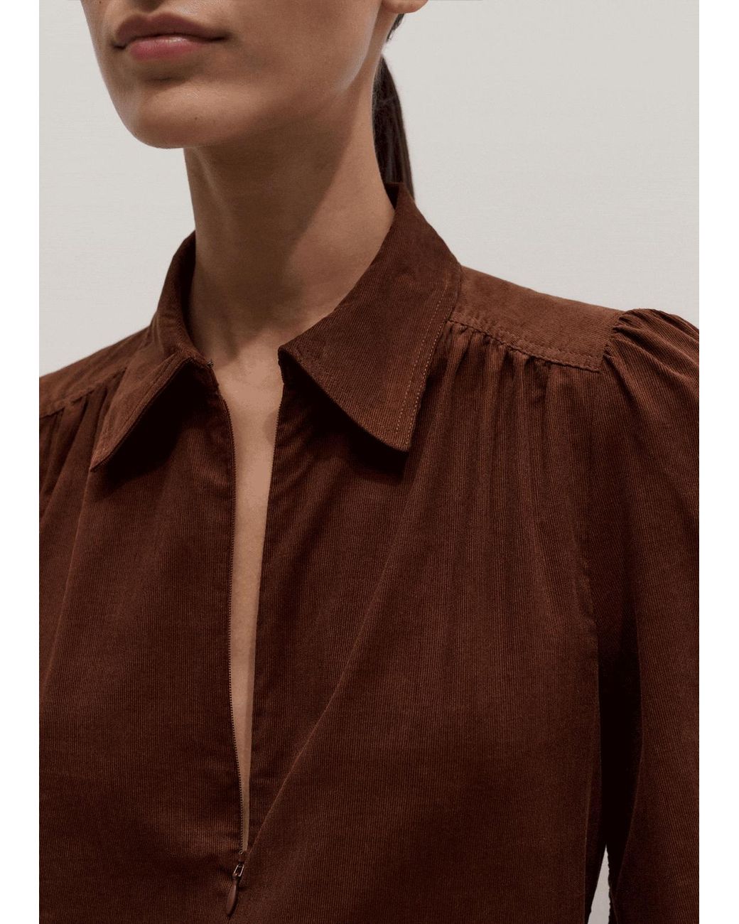 ME+EM Brown Babycord Balloon Sleeve Blouse