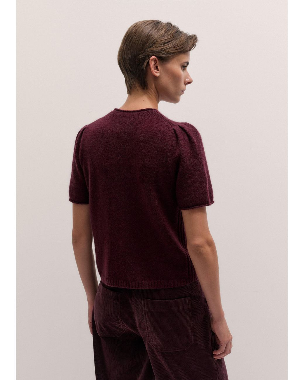 ME+EM Red Merino Cashmere Silk Pouf Sleeve Knit Tee