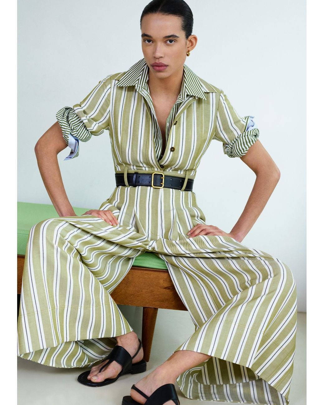 ME+EM Green Stripe Wide Leg Cropped Jumpsuit-Multi
