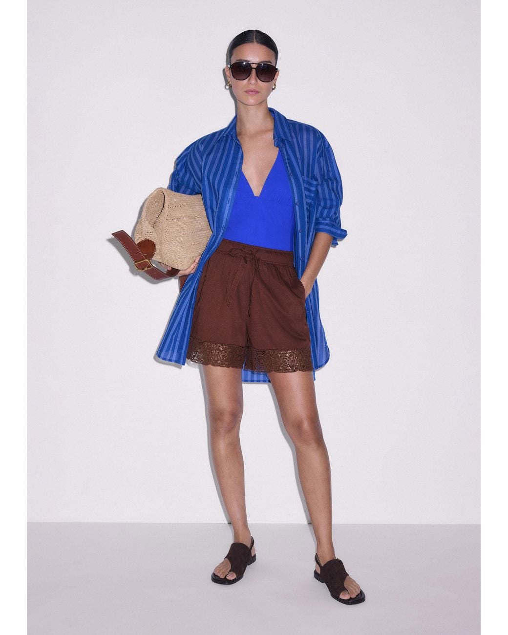 ME+EM Blue Cotton Voile Striped Beach Shirt Intense-Sky