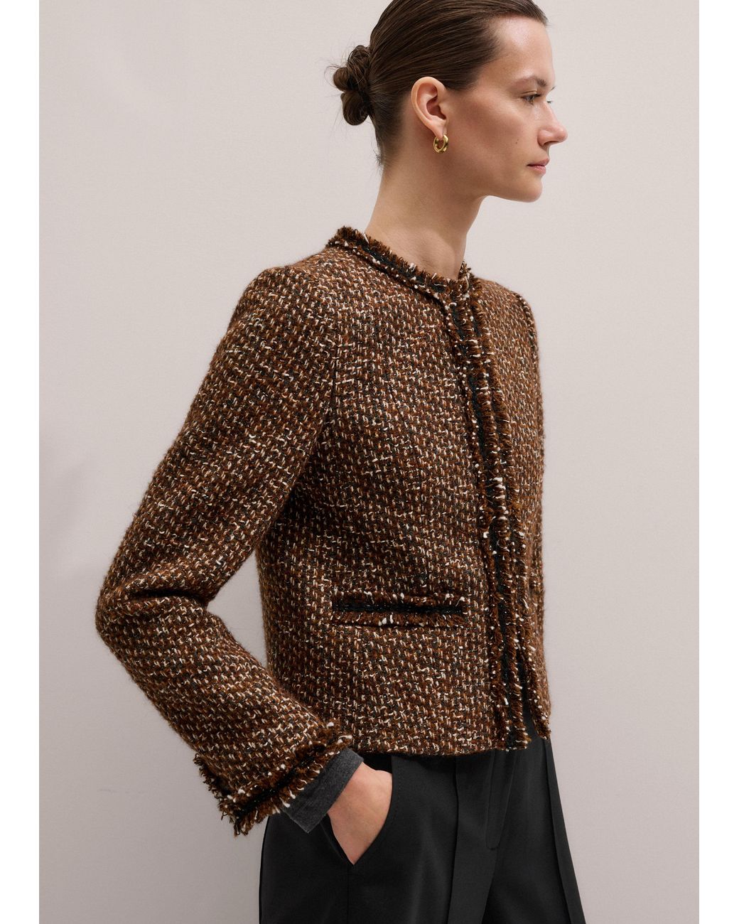 ME+EM Brown Slim Tweed Fringed Jacket