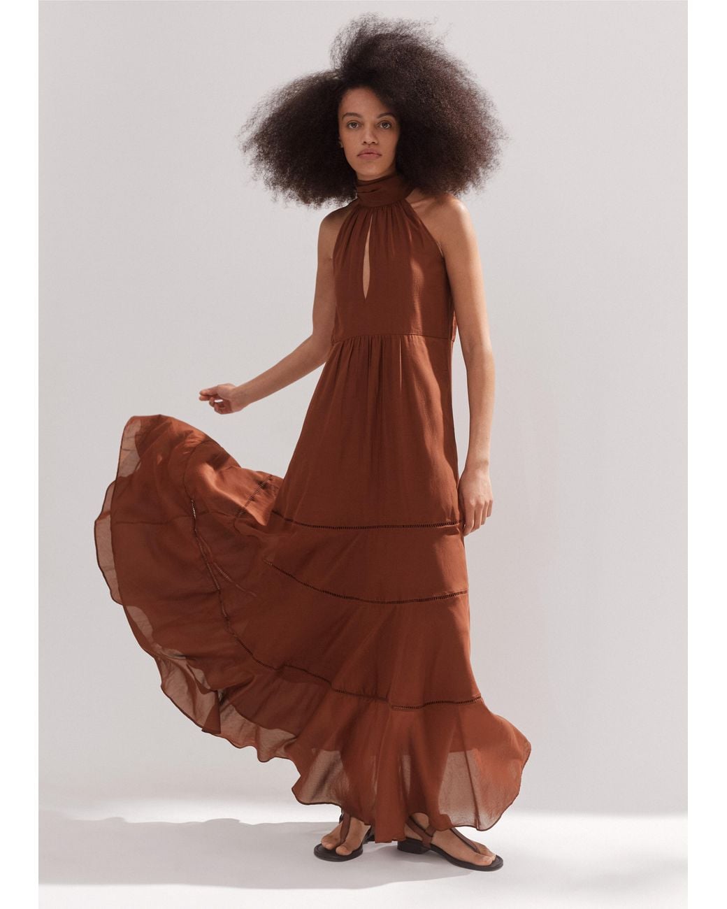 ME+EM Cotton Voile Halterneck Full-Length Dress in Brown | Lyst