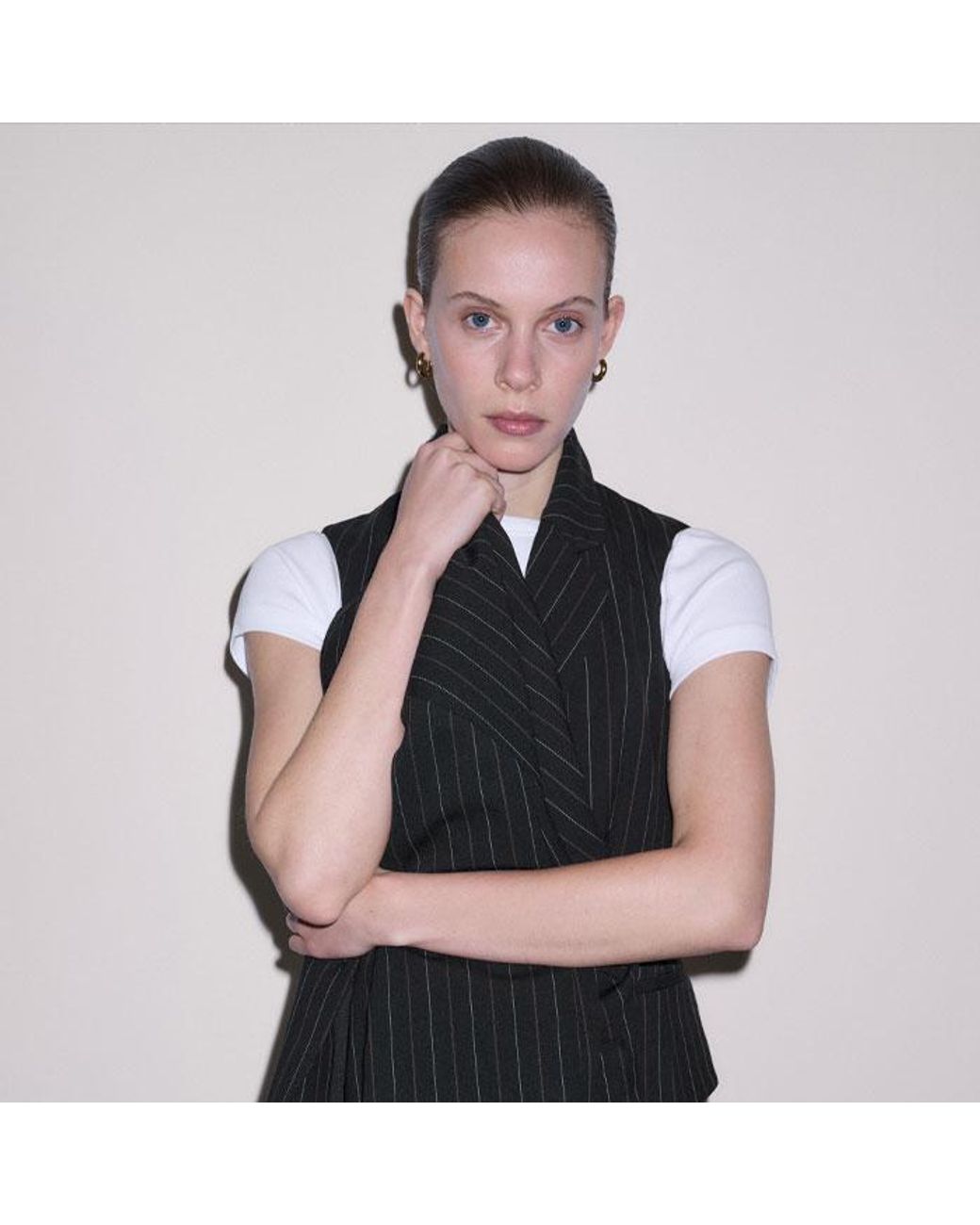 ME+EM Black Pinstripe Wrap Waistcoat