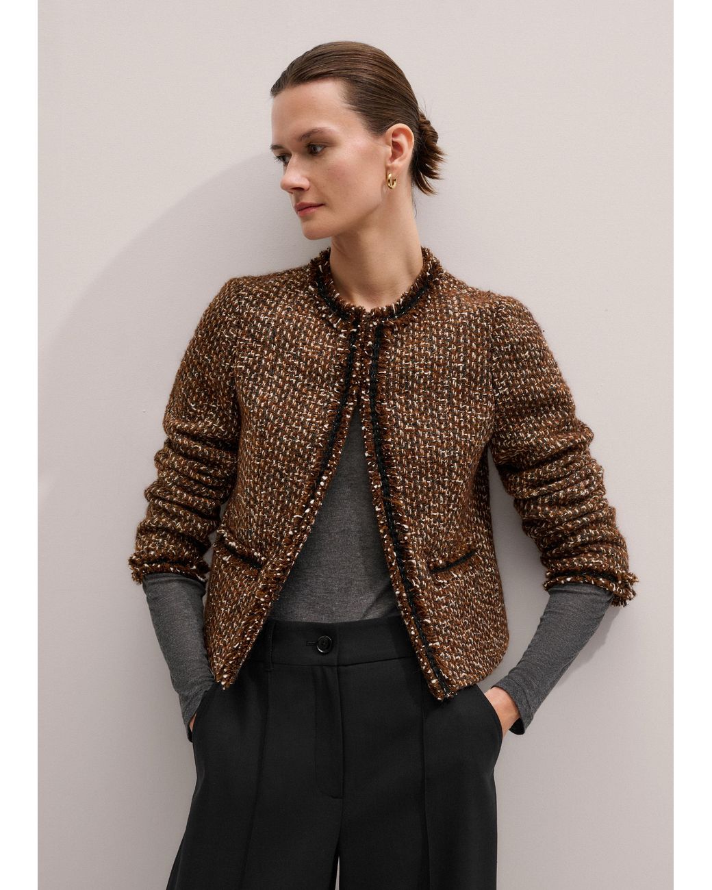 ME+EM Brown Slim Tweed Fringed Jacket