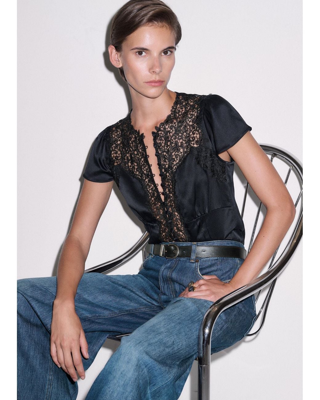 ME+EM Black Silk Satin And Lace Cap Sleeve Top