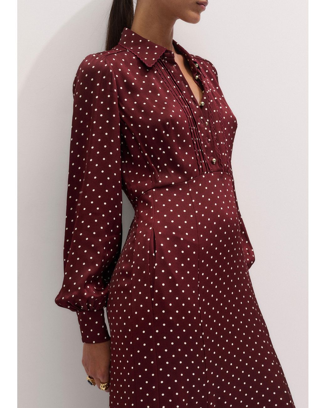 ME+EM Purple Winter Polka Dot Print Fit And Flare Midi Dress Wine-Cream