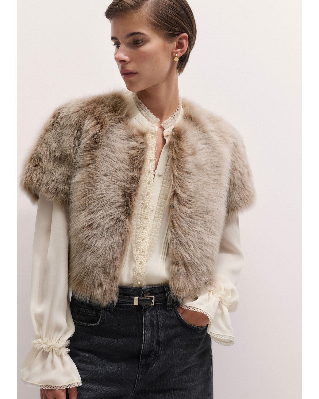 ME+EM Brown Crop Shearling Jacket