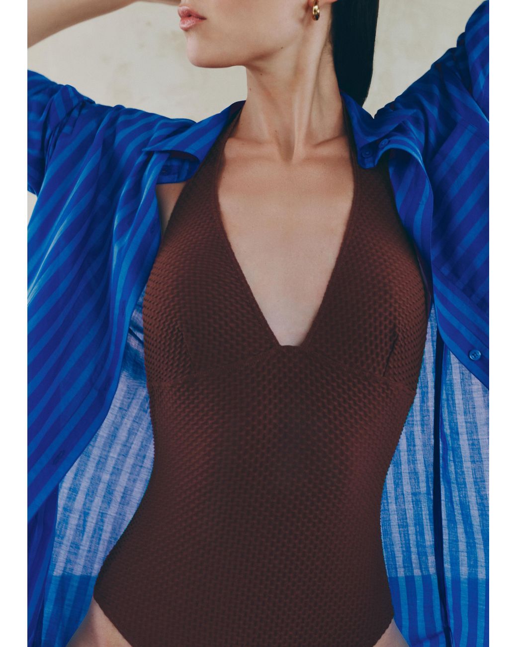 ME+EM Blue Compact Texture Halterneck Swimsuit