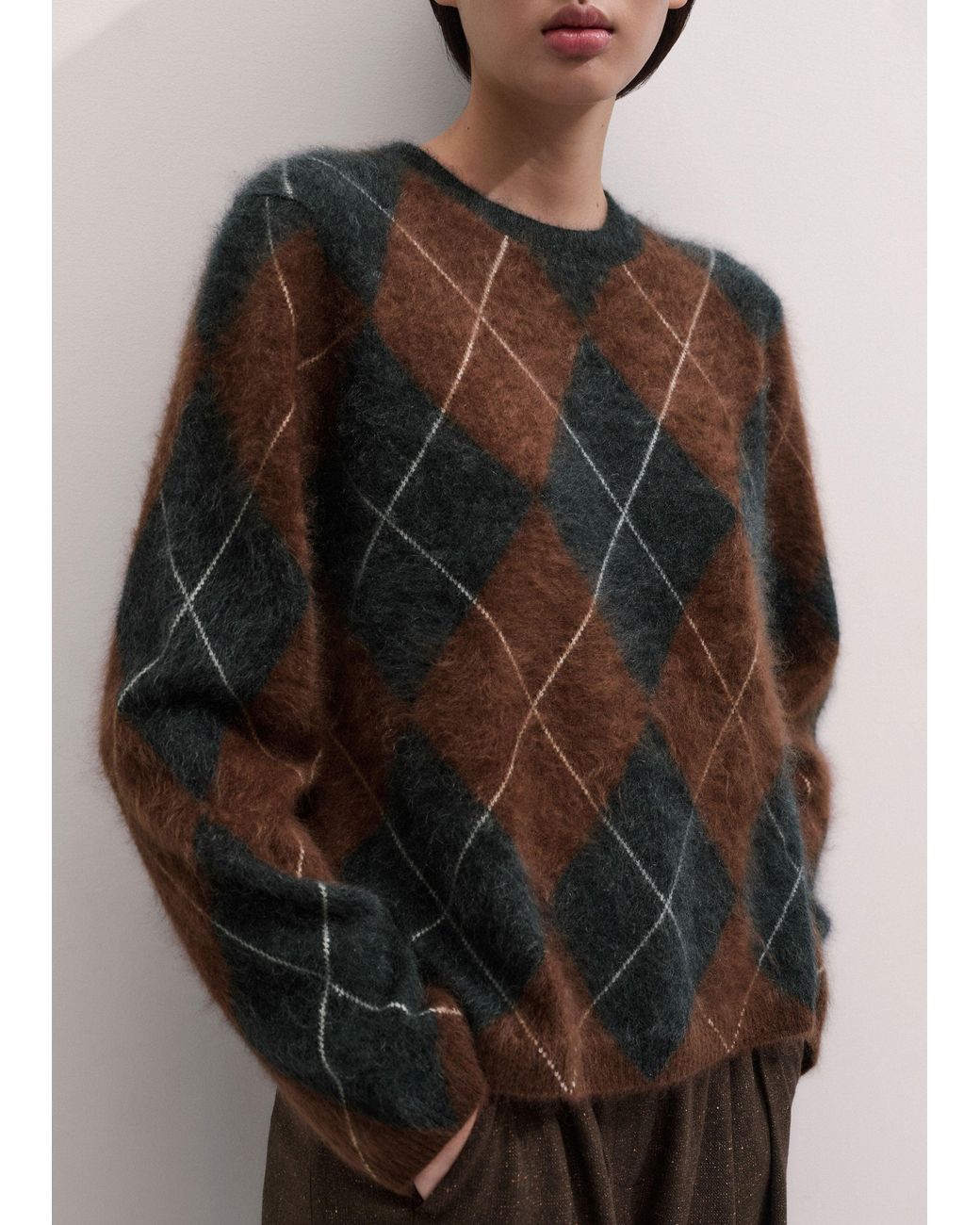 ME+EM Brown Graphic Argyle Brushed Cashmere Jumper Pecan Melange-Charcoal