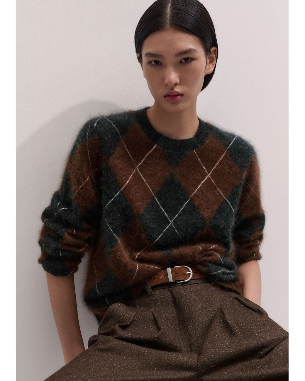 ME+EM Brown Graphic Argyle Brushed Cashmere Jumper Pecan Melange-Charcoal