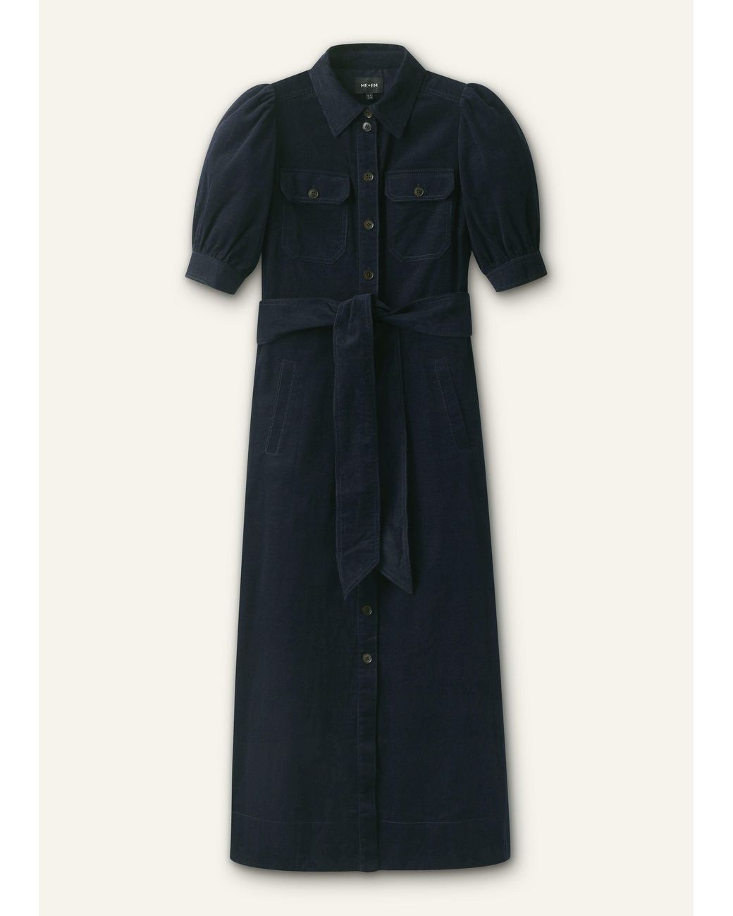 ME+EM Blue Cord Fit And Flare Maxi Shirt Dress + Tie