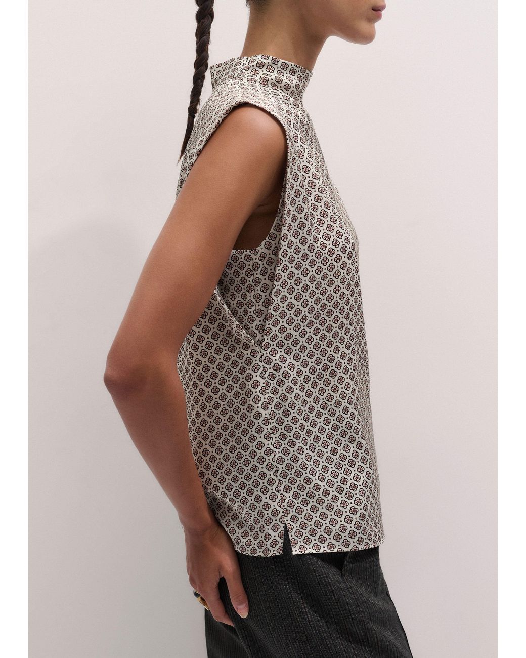ME+EM Brown High Neck Flower Foulard Print Top