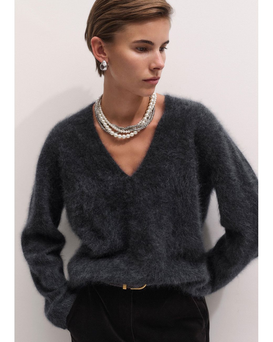 ME+EM Blue Brushed Cashmere Relaxed V Neck Jumper Charcoal Melange