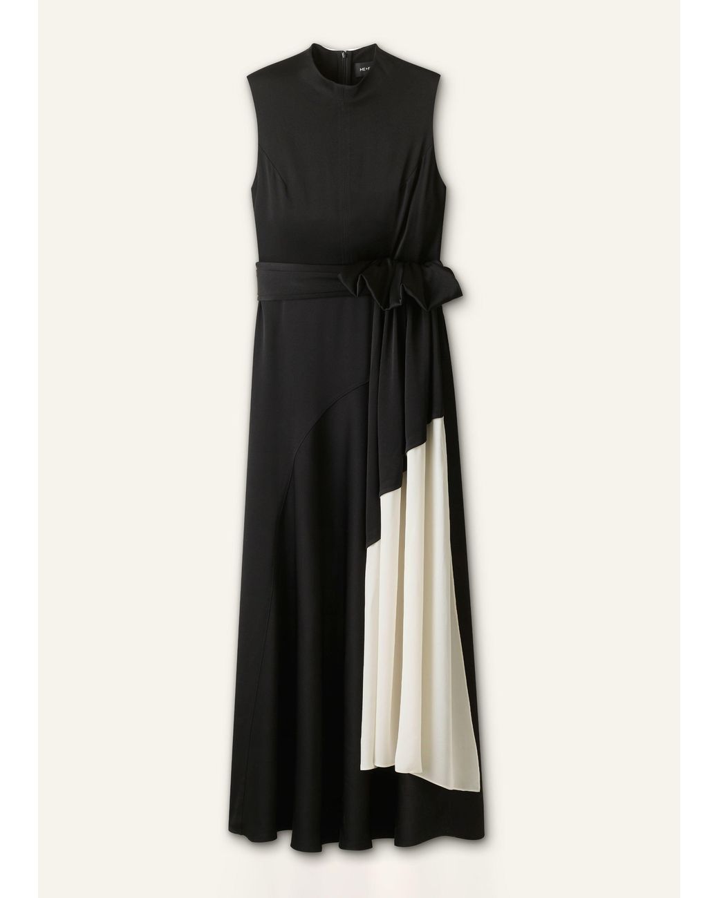 ME+EM Blue Satin Colour Tipping Bias Cut Full Length Dress + Belt-Cream