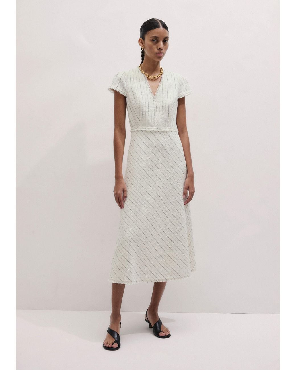 ME+EM White Textured Stripe Fit And Flare Midi Dress