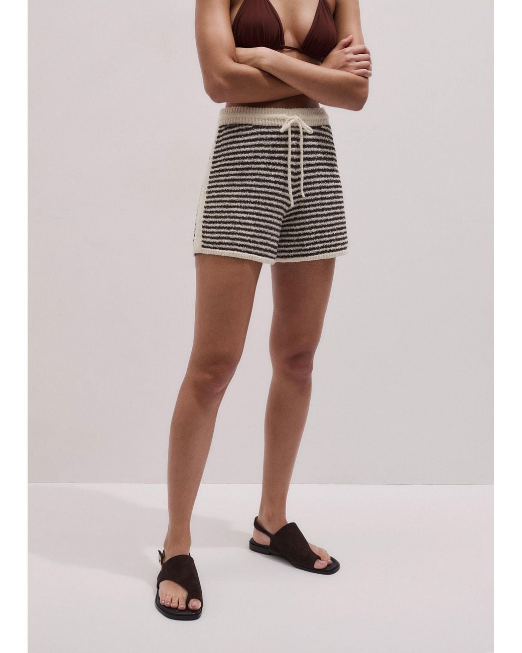 ME+EM Multicolor Textured Micro Stripe Knit Shorts Cocoa-Cream