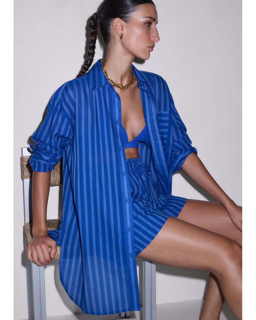 ME+EM Blue Cotton Voile Striped Beach Shirt Intense-Sky