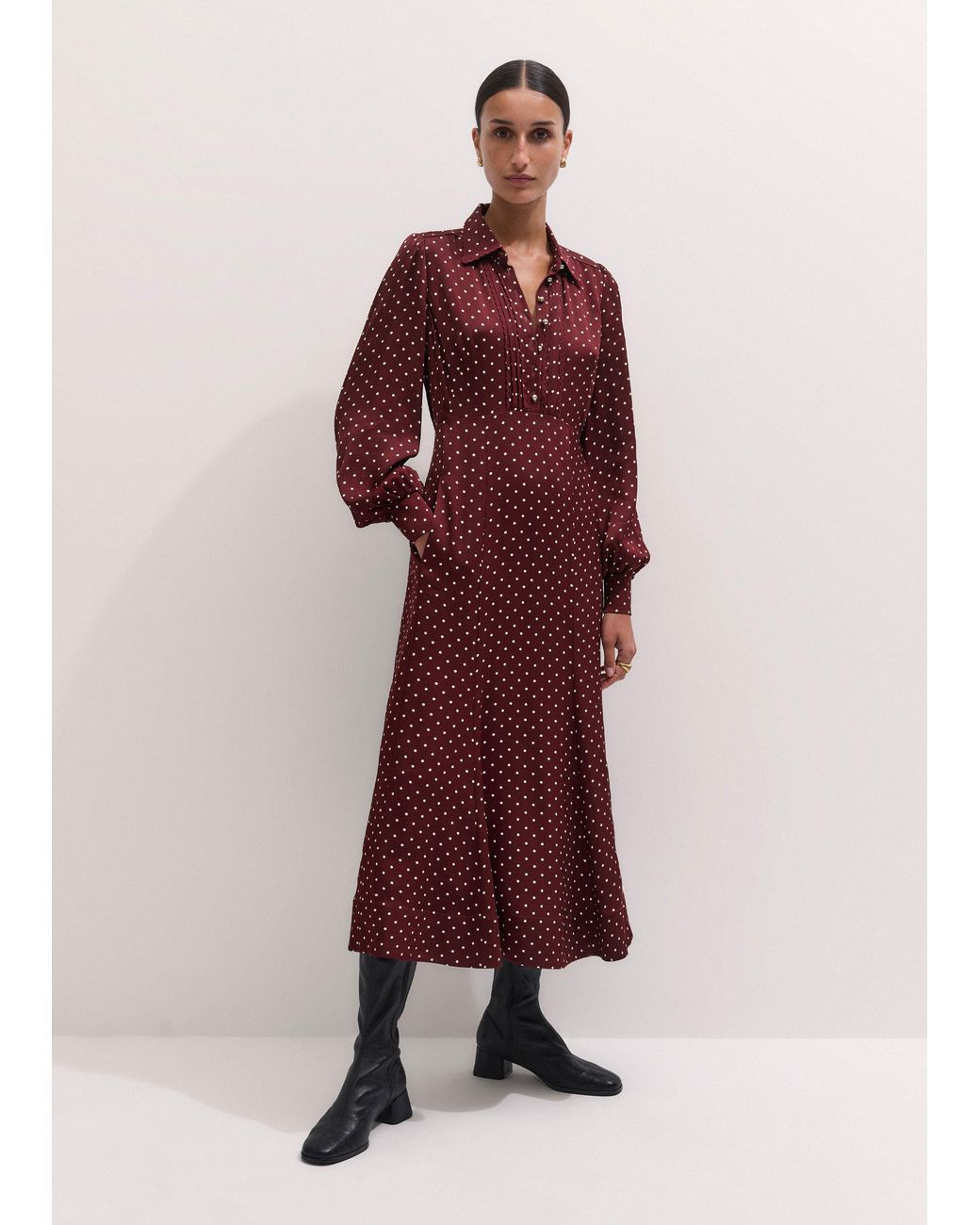 ME+EM Purple Winter Polka Dot Print Fit And Flare Midi Dress Wine-Cream