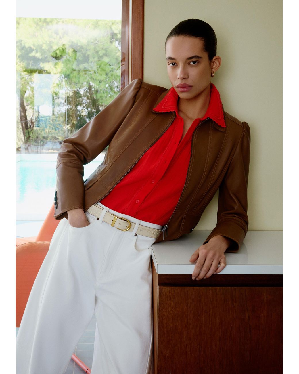 ME+EM Red Cheesecloth Cap-Sleeve Blouse