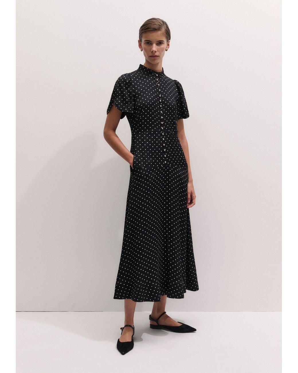 ME+EM Black A-Line Polka Dot Feature Button Maxi Dress-Light Cream