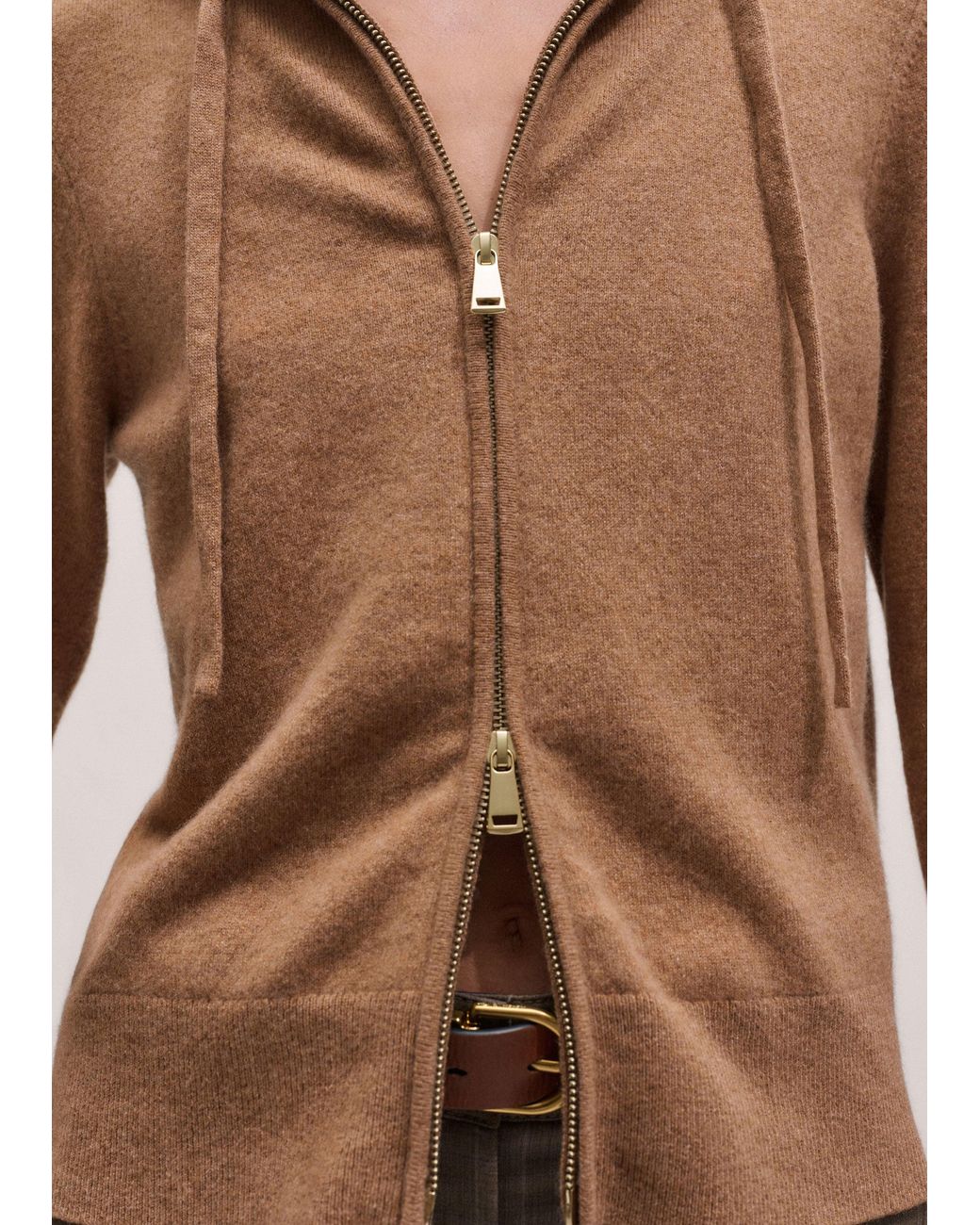 ME+EM Brown Cashmere Two Way Zip Straight Hoody Camel Melange