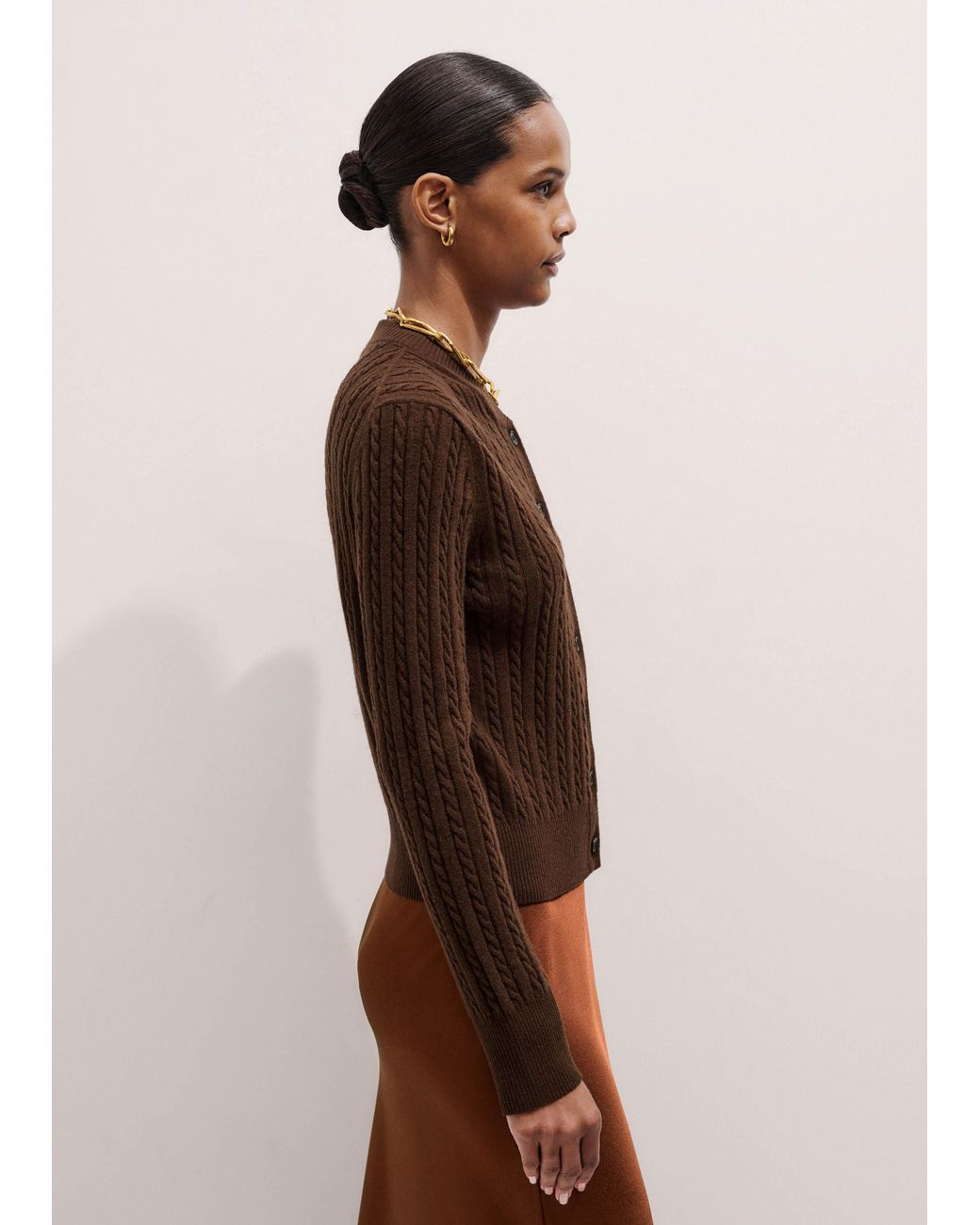 ME+EM Brown Merino Cashmere Micro Cable Cardigan