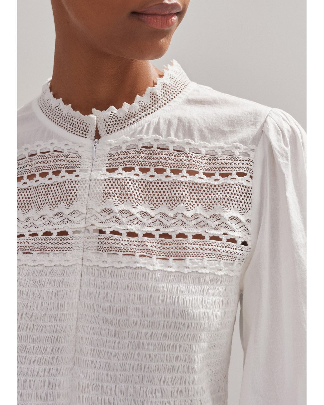 ME+EM Cotton Shirred Lace Trim Top in Natural