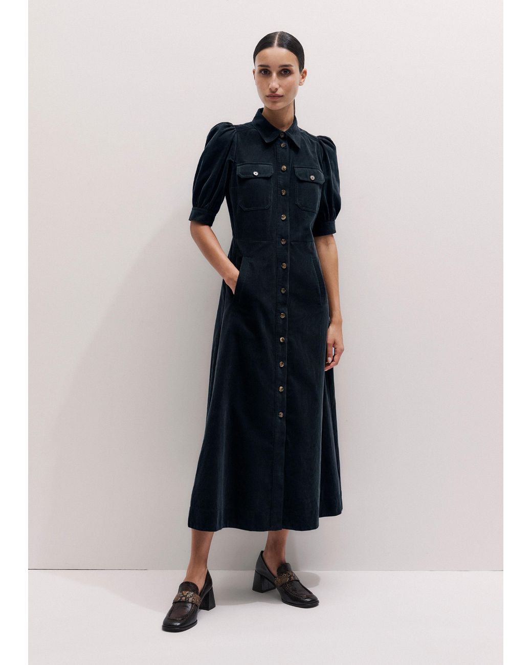 ME+EM Blue Cord Fit And Flare Maxi Shirt Dress + Tie