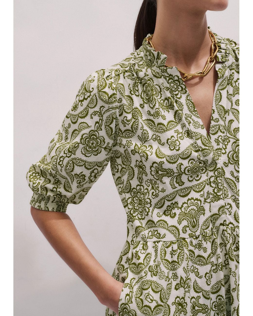ME+EM Green Entangled Lace Print Tiered Short Dress