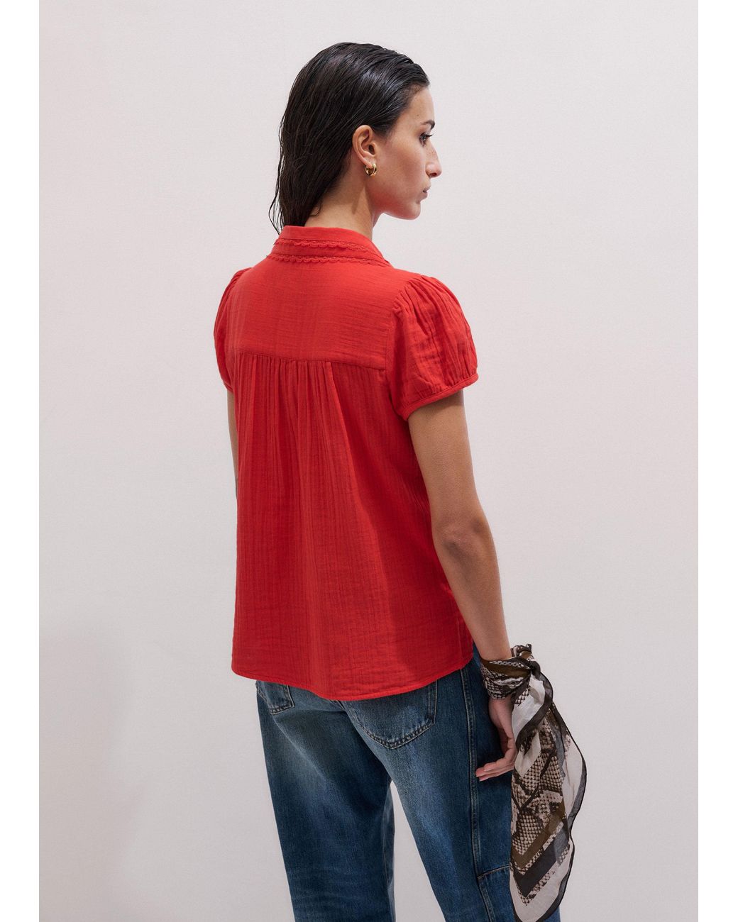ME+EM Red Cheesecloth Cap-Sleeve Blouse