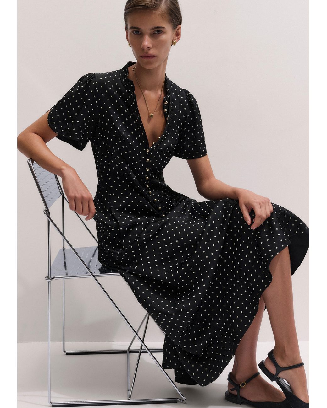 ME+EM Black A-Line Polka Dot Feature Button Maxi Dress-Light Cream