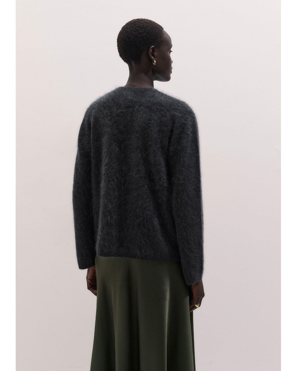 ME+EM Blue Brushed Cashmere Relaxed V Neck Jumper Charcoal Melange