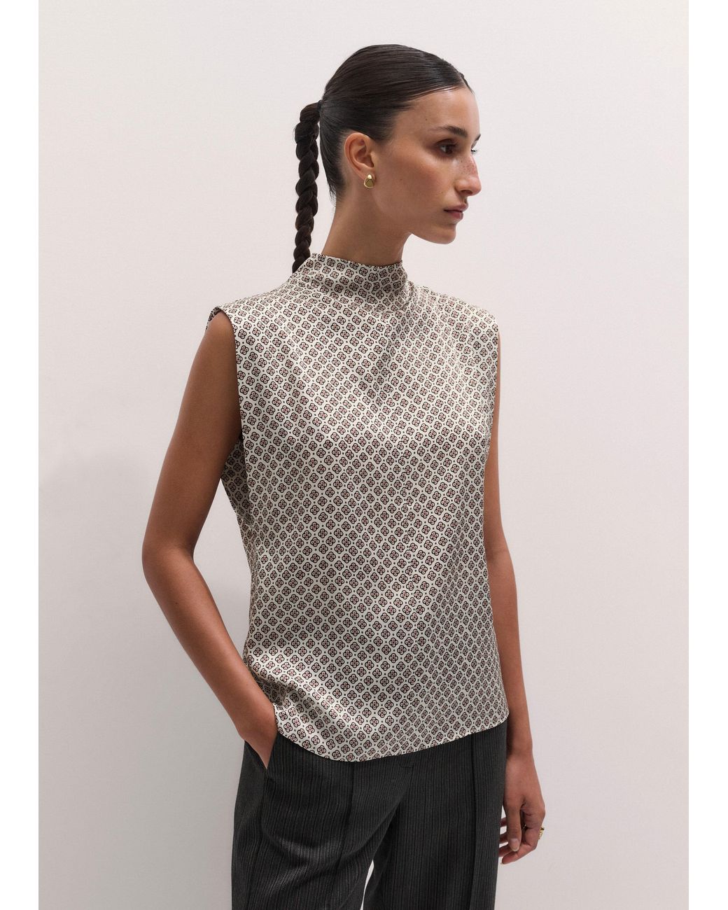 ME+EM Brown High Neck Flower Foulard Print Top