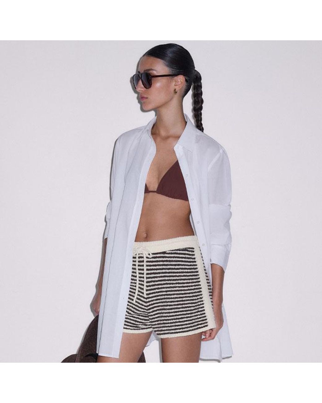 ME+EM Multicolor Textured Micro Stripe Knit Shorts Cocoa-Cream