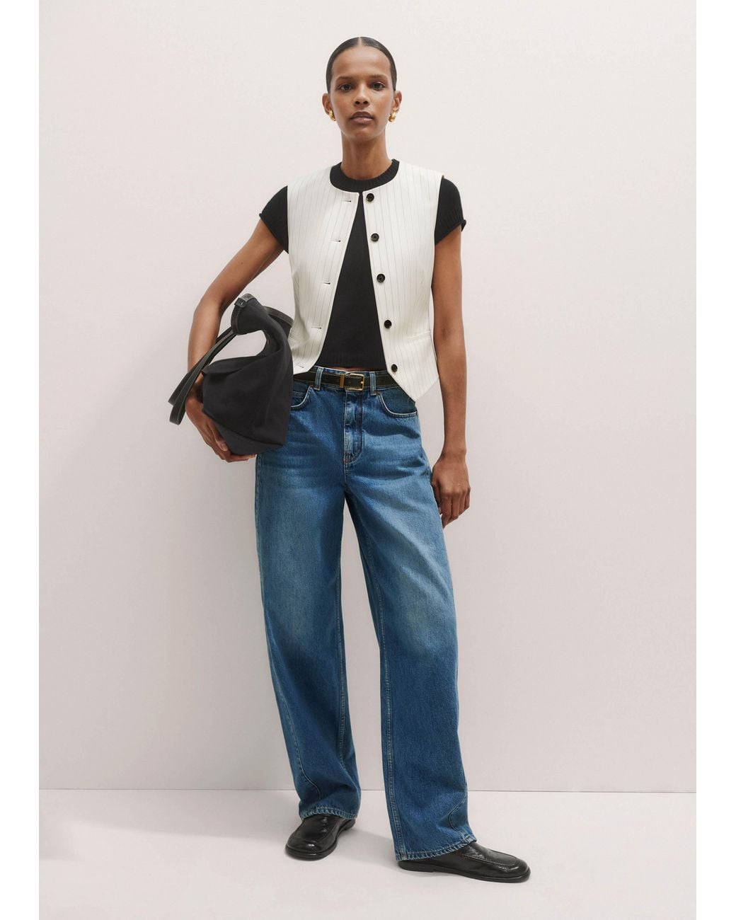 ME+EM Natural Round Neck Pinstripe Waistcoat