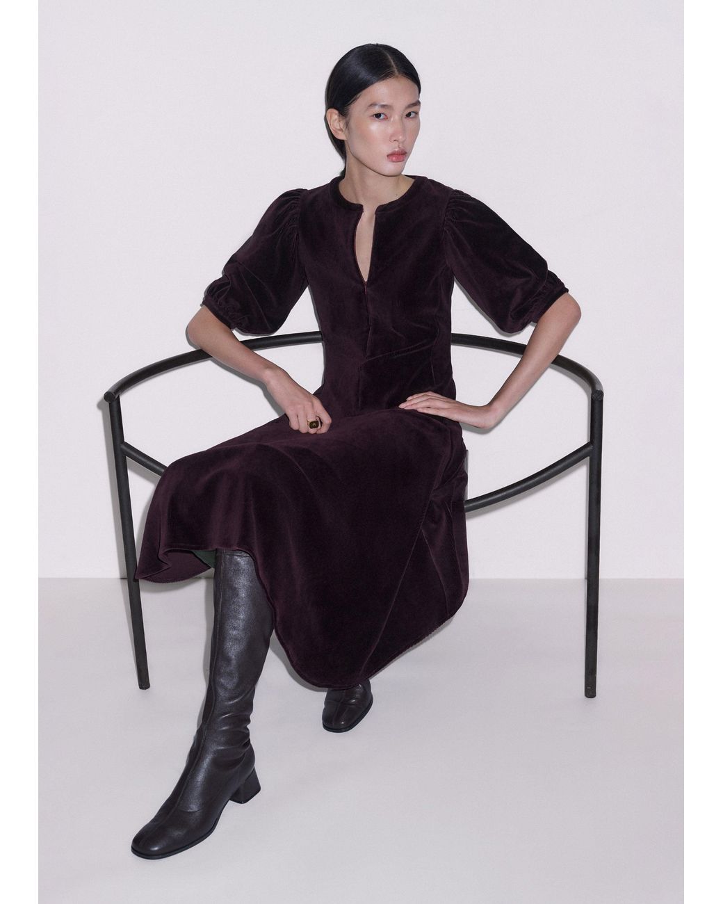 ME+EM Blue Cord Velour Handkerchief Hem Midi Dress
