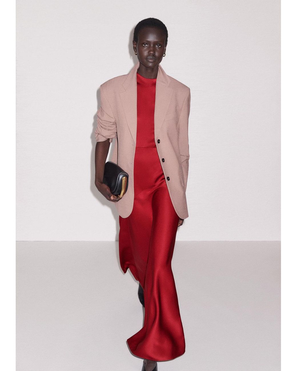 ME+EM Red Satin Colour Tipping Bias Cut Full Length Dress + Belt Pomegranate