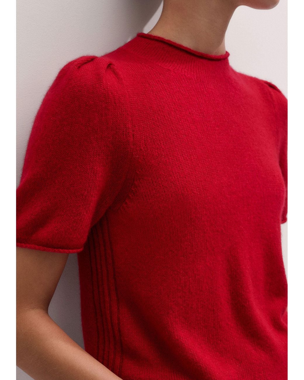 ME+EM Red Merino Cashmere Silk Pouf Sleeve Knit Tee