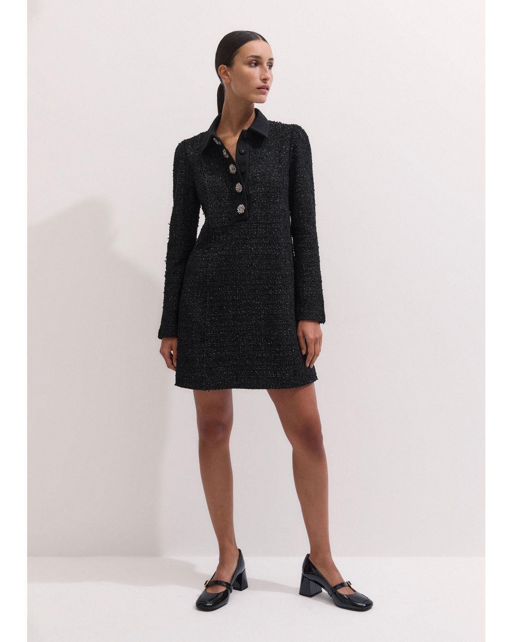 ME+EM Black Lurex Boucle Statement Button Mini Dress