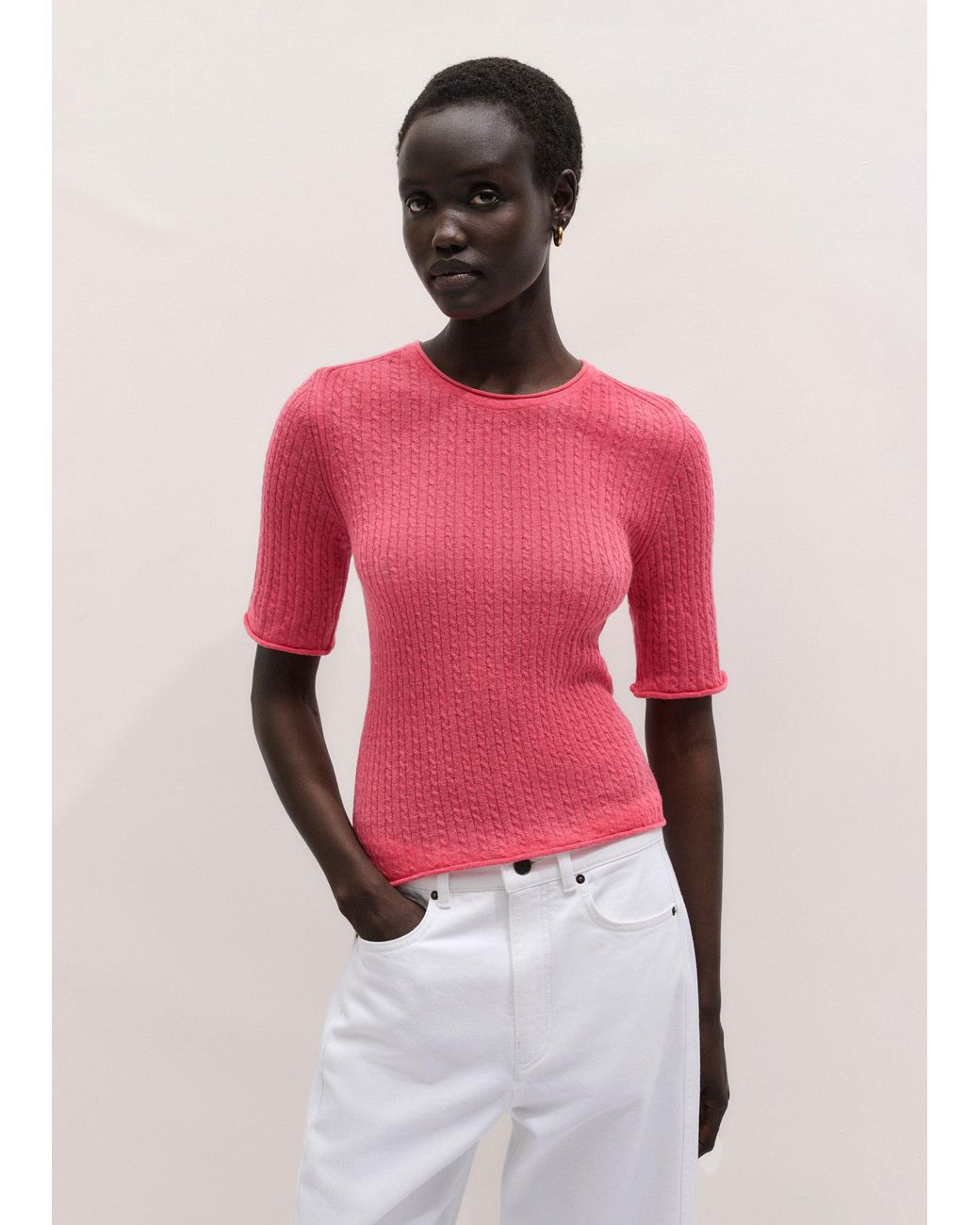 ME+EM Pink Lofty Fine Cable Knit Slim Tee