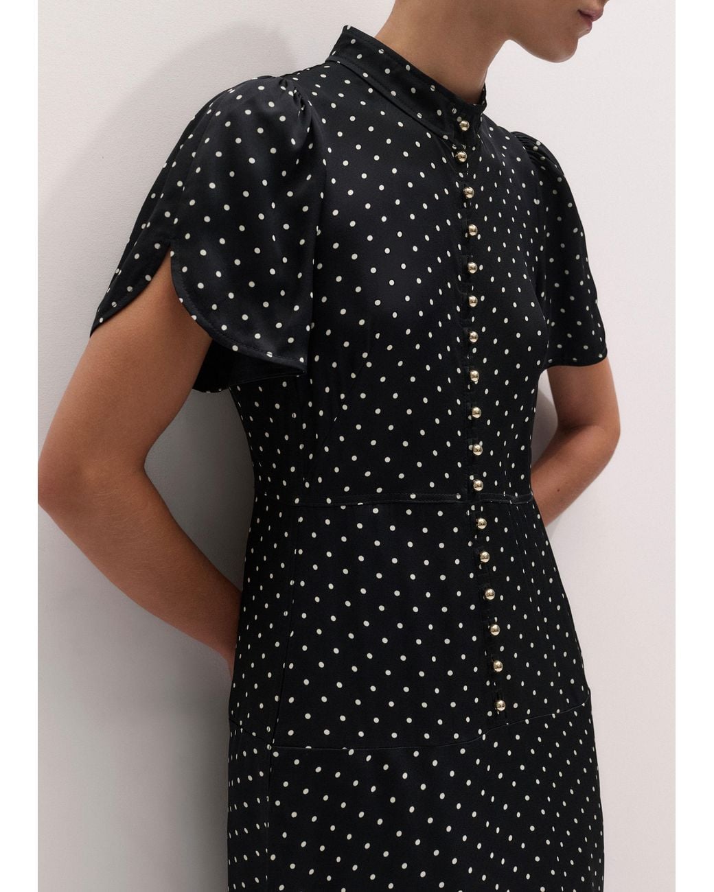 ME+EM Black A-Line Polka Dot Feature Button Maxi Dress-Light Cream