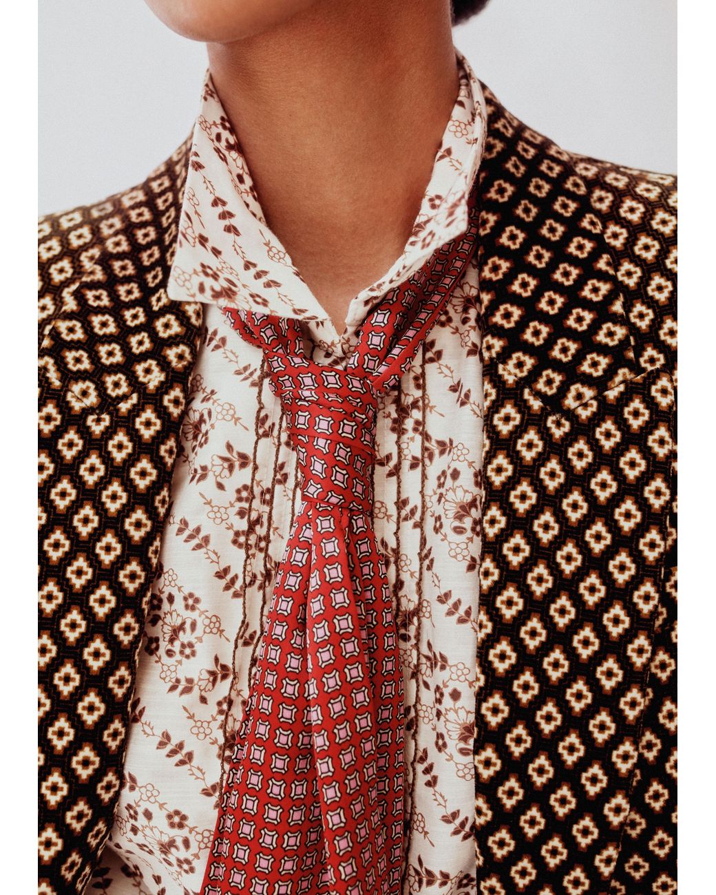 ME+EM Brown Diagonal Floral Print Silk Cotton Blouse