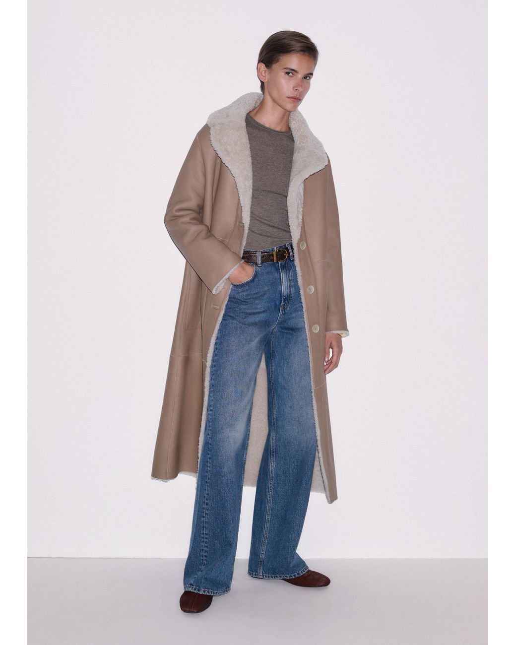 ME+EM Natural Reversible Shearling Coat + Belt